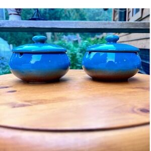 Vintage Studio Pottery Lidded Silent Ashtray Pair Turquoise Blue Ceramic MCM Bro